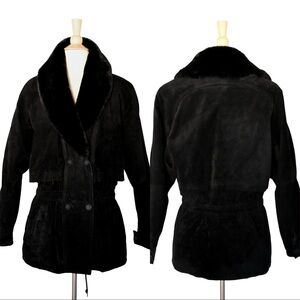 Vintage 80s Jacket  Gitano Black Suede Leather Faux Mouton Fur Huge Collar